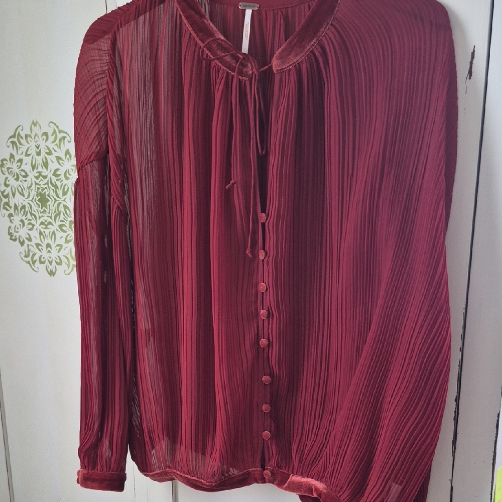 Free People Rich Red Pleated Blouse